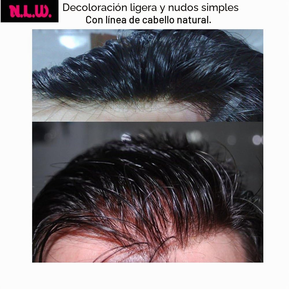 NLW Protesis Capilar Hombre Sistema de reemplazo capilar 100% natural de cabello humano, densidad media, postizo de encaje francés transpirable #1B Negro natural