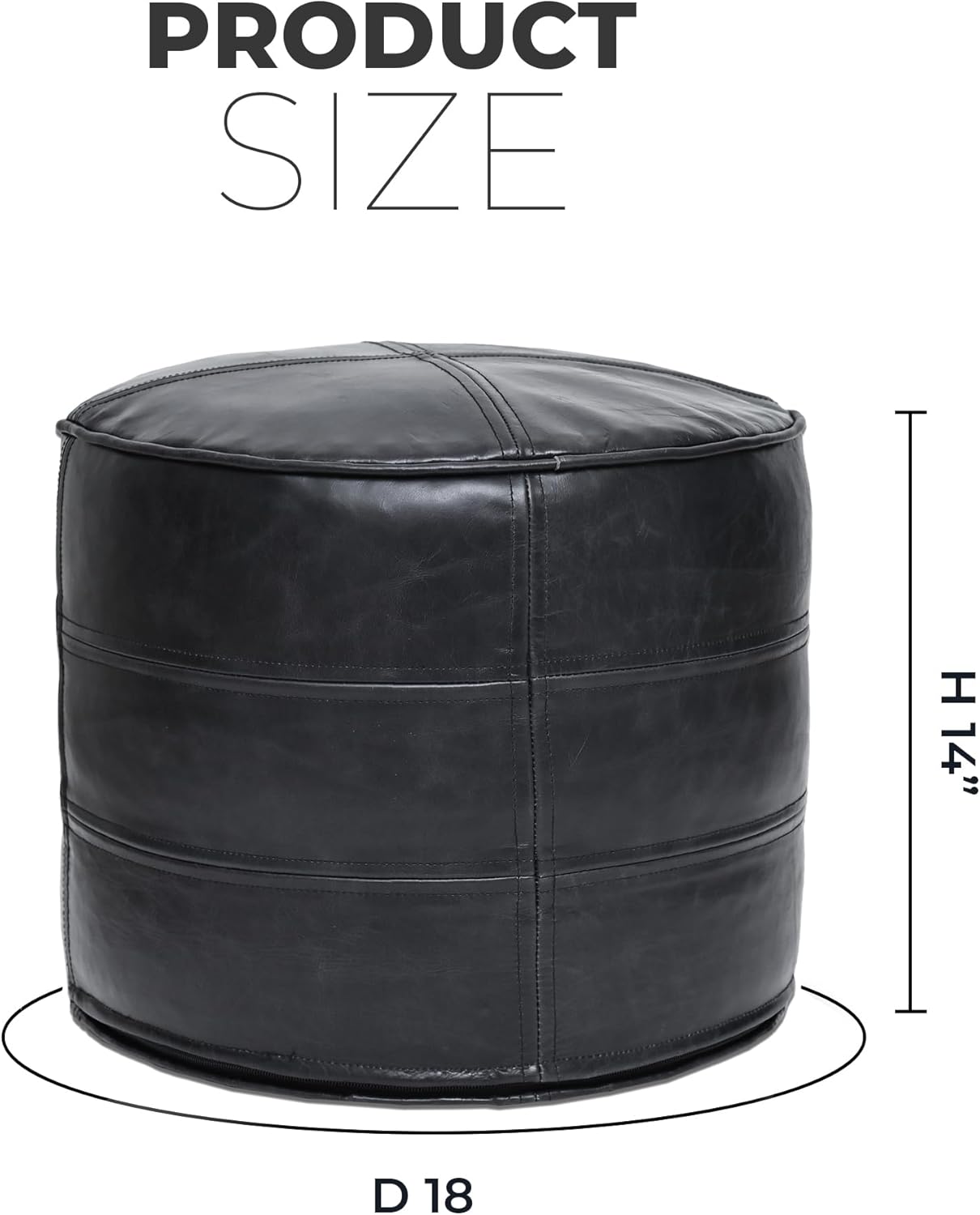 Nova Geniune Leather Pouf – Distressed Black, 18"x18"x14"