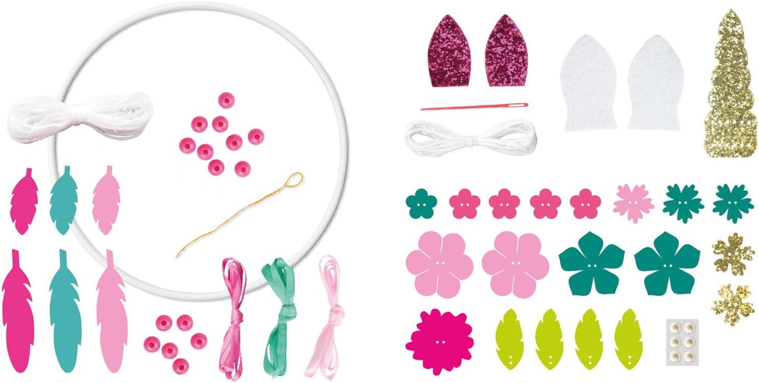 Lena 42701 Craft Set Dreamcatcher Unicorn 56 Pieces Complete Dream Catcher Craft Set with Ring, Coloured Ribbons & Cords, Plastic Needle, Beads and Fabric Flowers, Set for Children from 6 Years