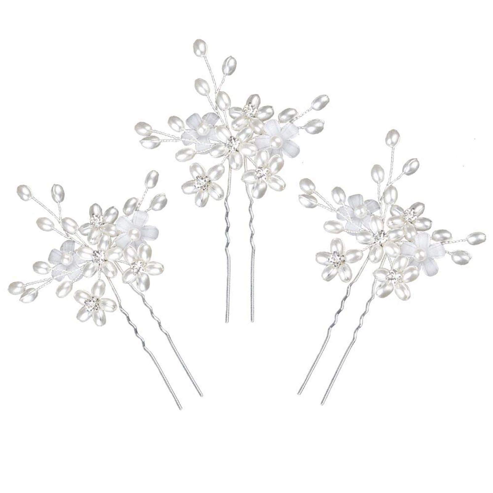 Sppry Elegant Pearl Wedding Hair Pins, Bendable Floral Crystal Hair Accessories for Bridal Women, Pack of 3 (Silver)