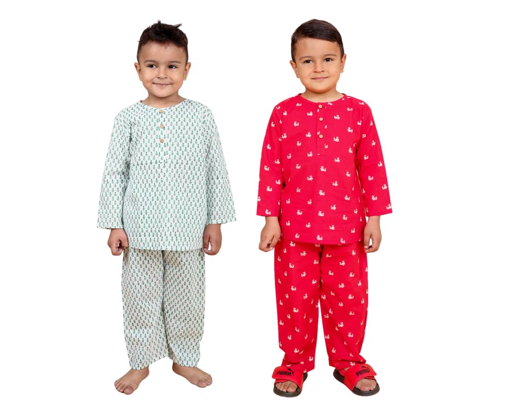 Image of Boys Cotton Night Suit | Jaipur Handblock Print Pajama Set for Kids | Boys Sleepwear | Kids Pajama Set | Baby & Toddler Sleep Suit | Combo Pack of 2