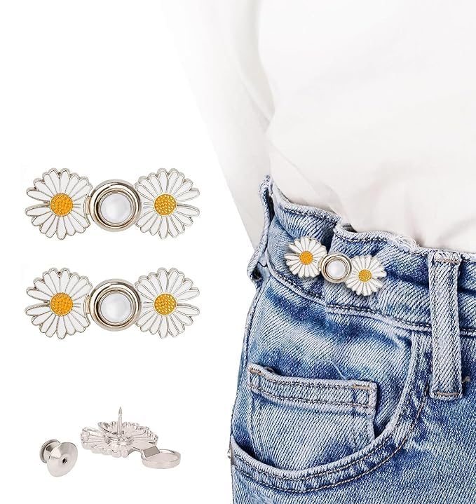 Image of YEKDA Denim Button Kit - 2 PCS Assorted Jeans Buttons for Quick Fix & DIY Adjustment - No-Sew Snap-On Metal Buttons for Pants, Skirts, Shorts - Easy Waist Size Control(2PCS Silver Flower)