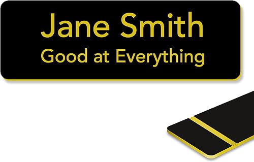 Custom Engraved Name Tag Badges – Personalized Identification with Pin or Magnetic Backing (3x1in, Black - Gold Text)