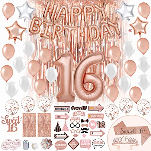 PartyHooman Sweet 16 Birthday Decorations Rose Gold With Sweet 16 Sash and Tiara Set, 2Pcs Backdrop, 25Pcs Pre-assembled Photo Booth Props, Balloons, Cake Topper | 16th birthday decorations for girls