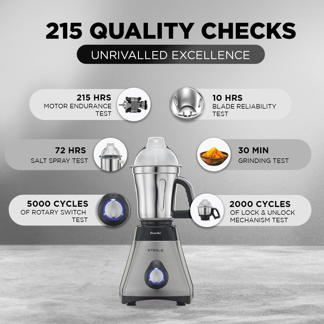 Preethi Steele Mixer Grinder with Turbo Vent and Improved Couplers