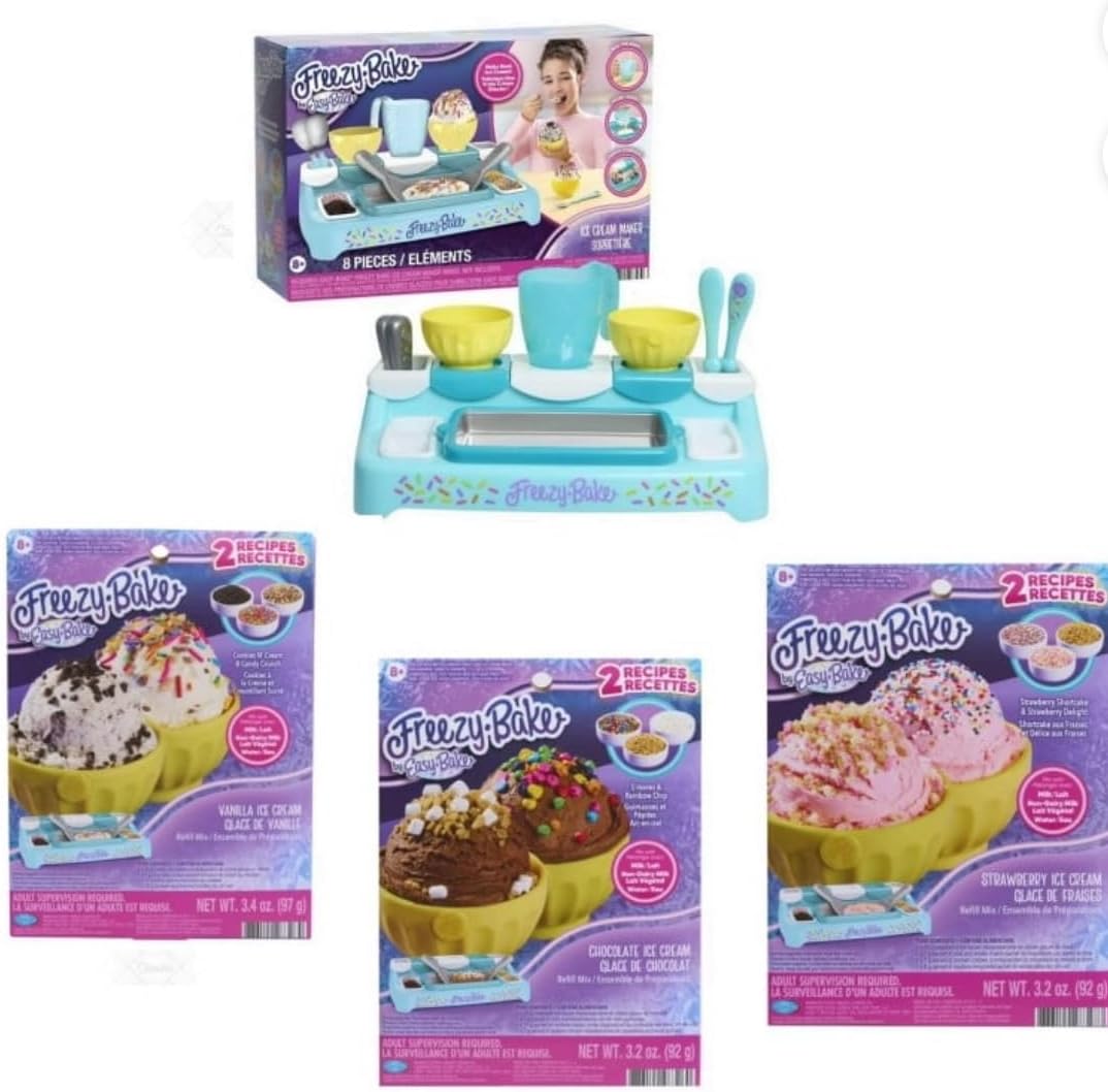 New Freezy Bake by Oven Bake Ice Cream Maker with 3 Mixes chocolate, strawberry, vanilla