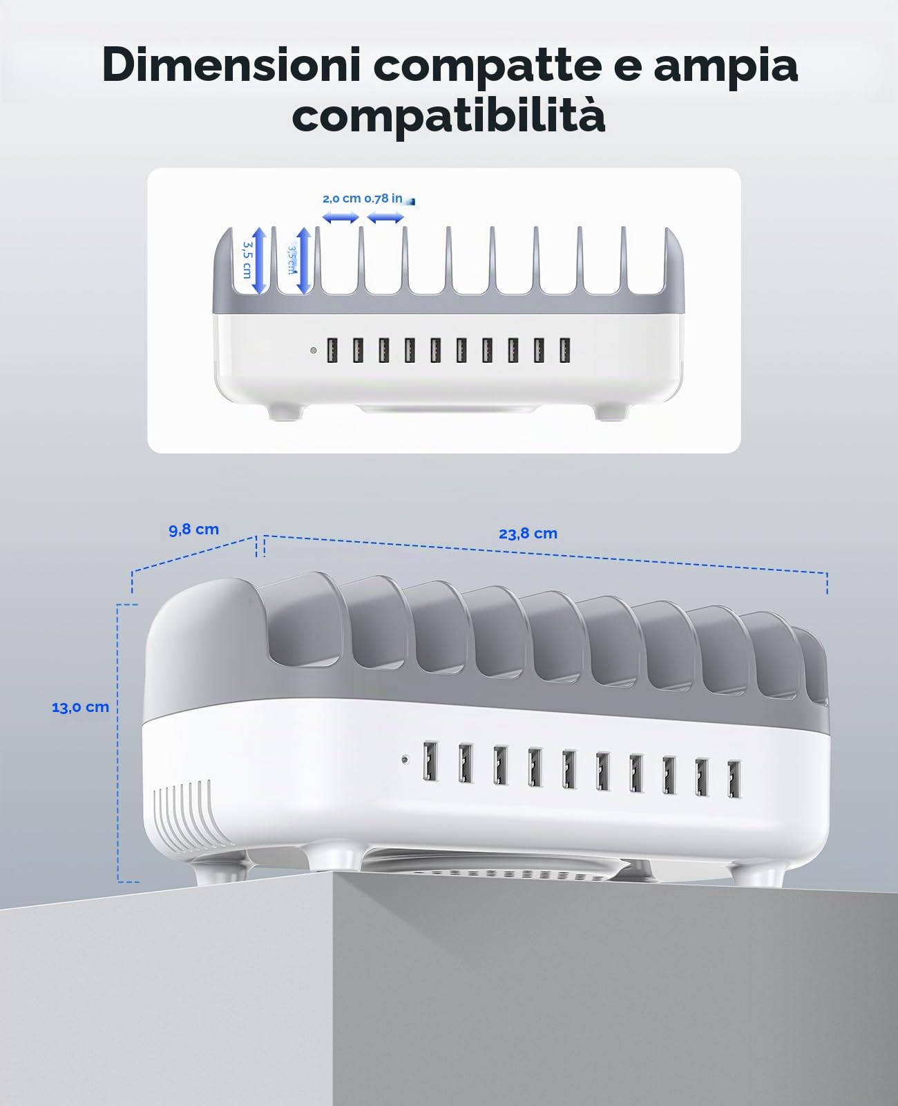 ORICO 120W Stazione di Ricarica Multi-Dispositivo, Versione Aggiornata 10 Porte USB con Ventola di Raffreddamento | Compatibile con iPhone, iPad, Smartphone Android e Tablet, Bianco