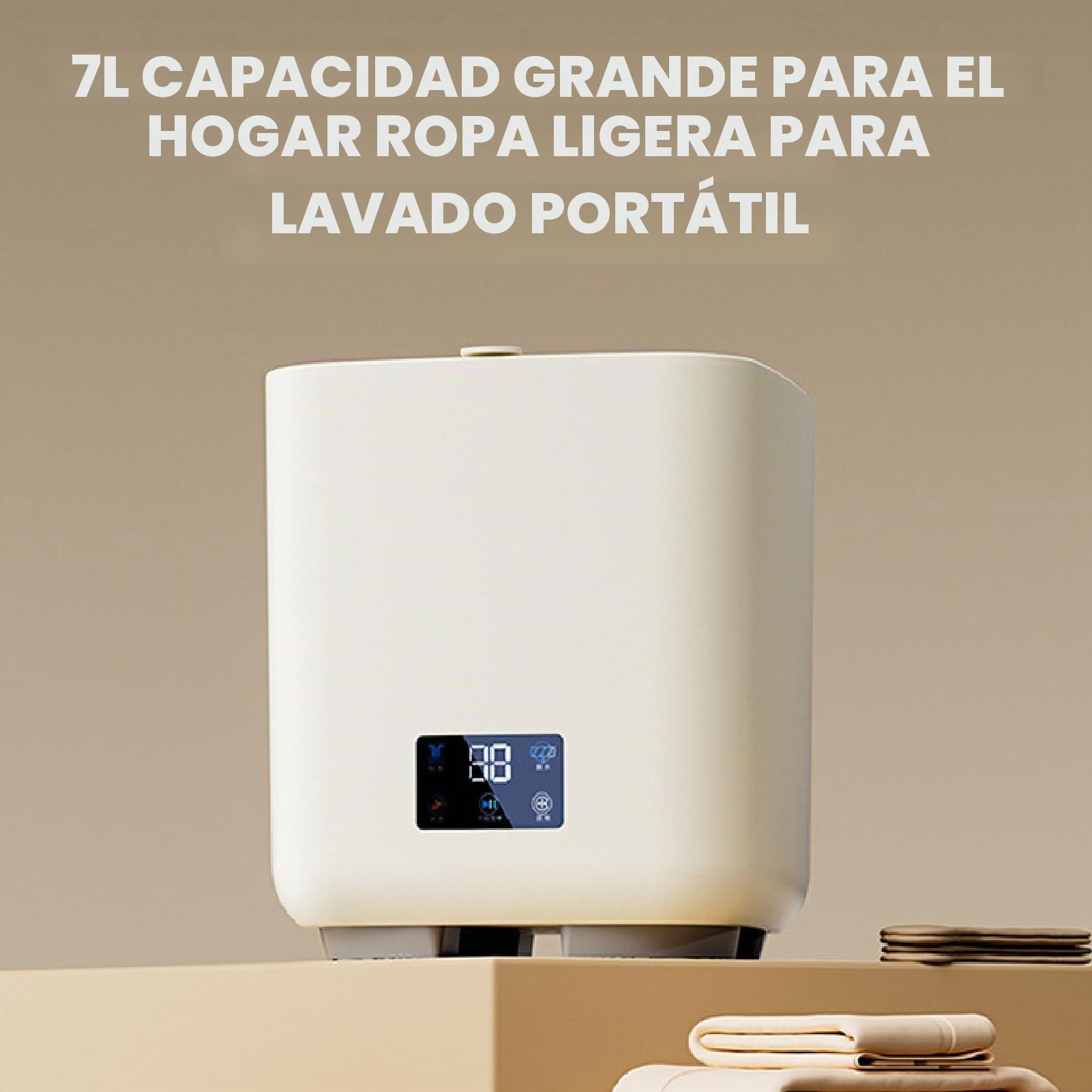 Lavadora Portátil, 7L Gran Capacidad Mini Lavadora Totalmente Automática con Centrifugadora, Pantalla Táctil LCD Lavadora Pequeña para Ropa Interior Pequeña, (Beige)