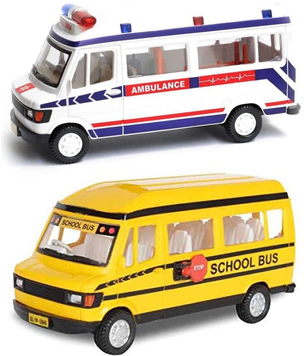 Pull Back Action Ambulance & School Bus Toys for Kids Pack of 2 | Friction Powered Mini Vehicle Toy Set | Durable & Safe Plastic Toys for Boys Girls Age 3+ | Birthday & Return Gift - Multicolor