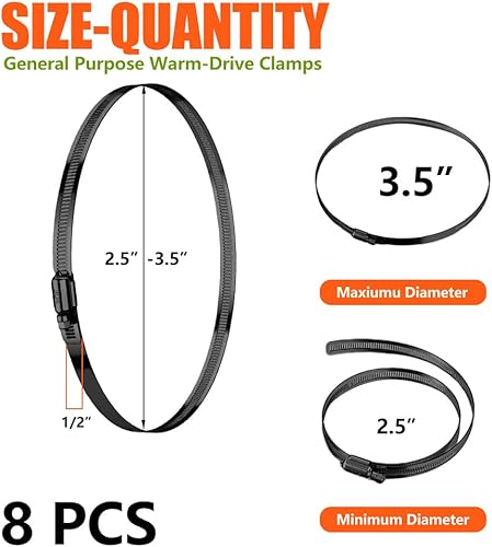 Miniatura 4 de BOTTEN Abrazaderas de manguera negras de 8 piezas, 3 pulgadas (2.559-3.504 in) 304 abrazaderas de manguera de engranaje helicoidal ajustables de