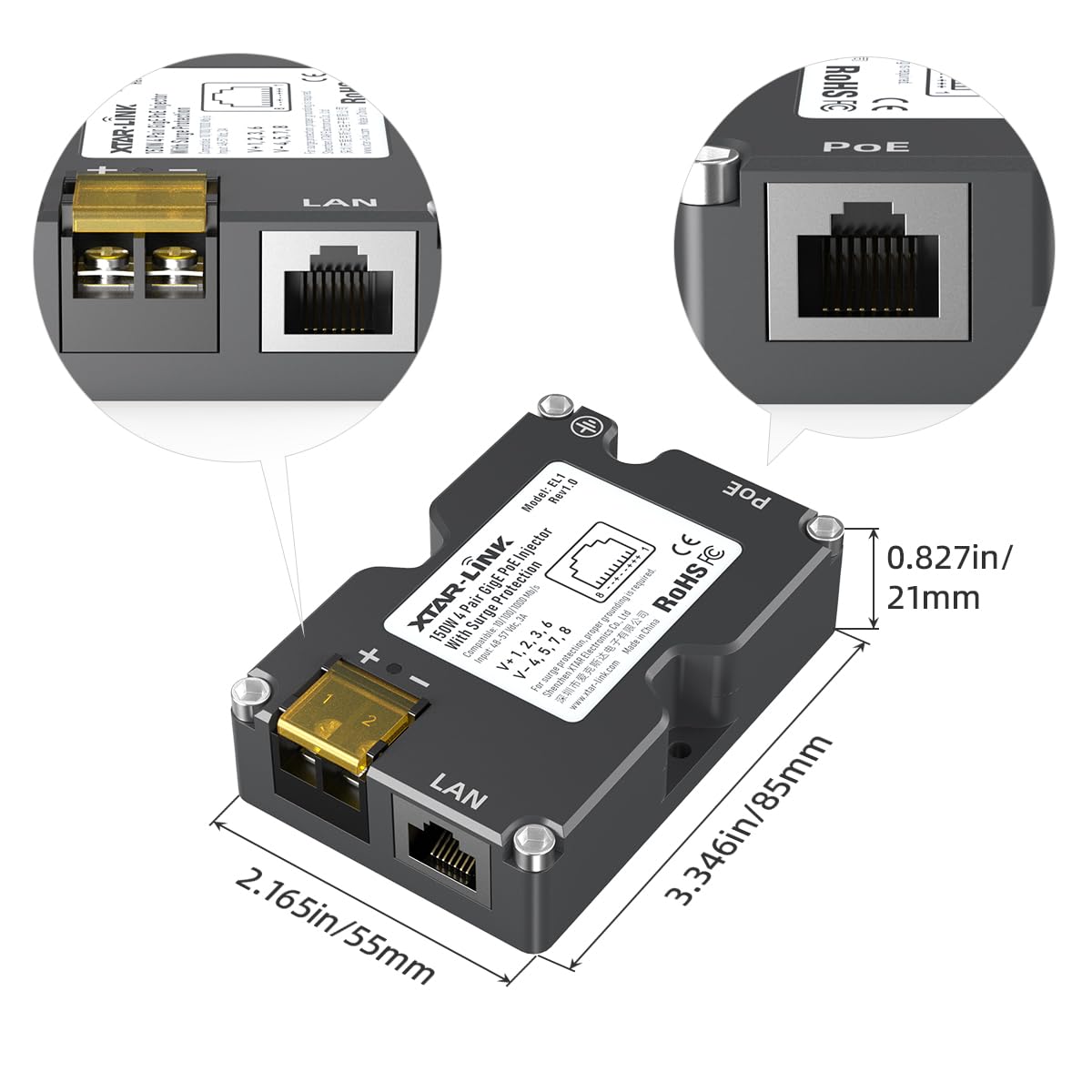 XTAR Starlink PoE Injector, 150W 4 Pair GigE with Surge Protection, Ideal for Starlink Internet Kit Satellite, Dishy V2 pinout 48-57V / 3A 10/100/1000M