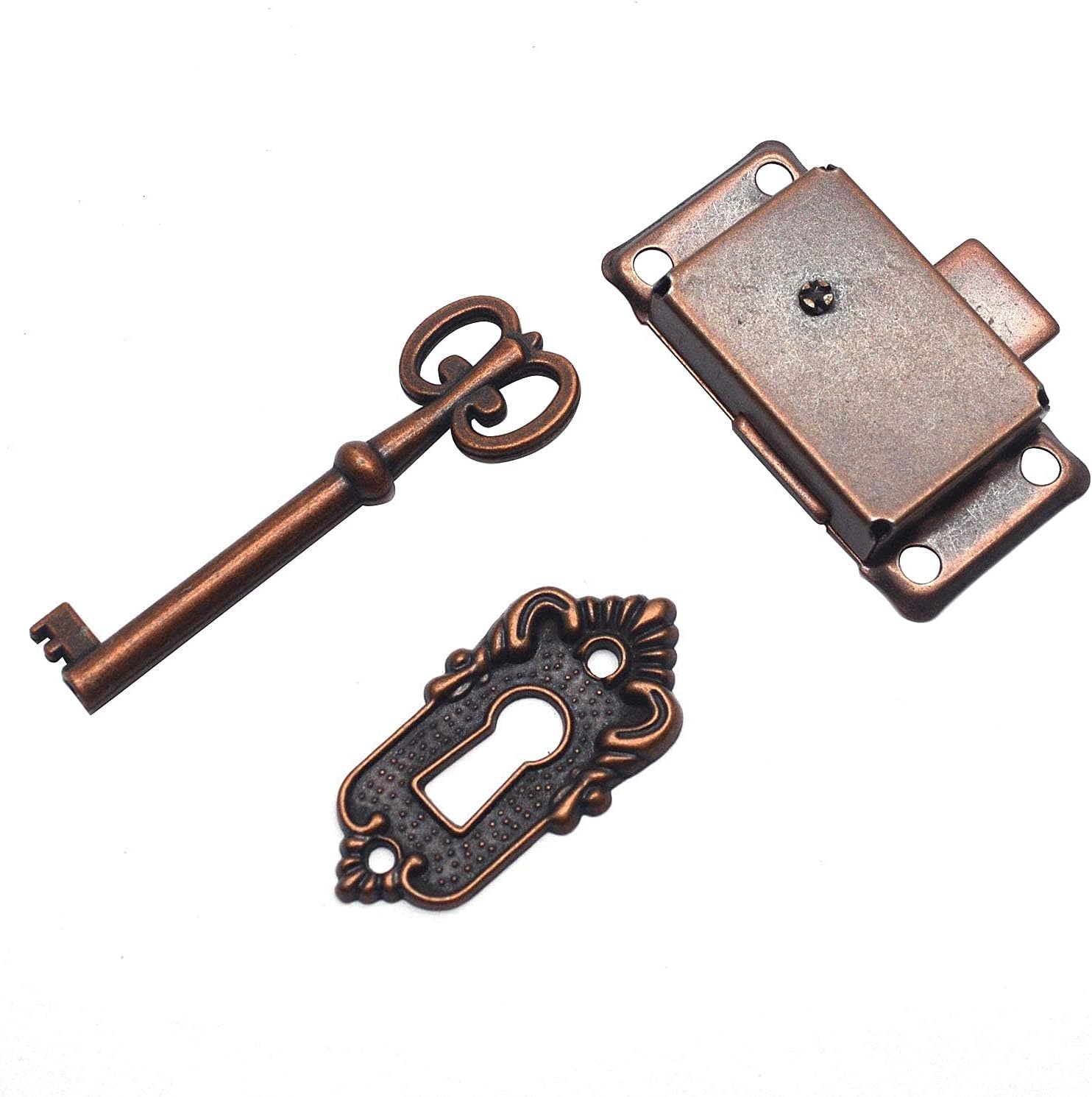 Antique Lock for Small Cabinet/Box - Vintage Style in Red Bronze - with Key and Screws