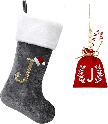 Miniatura 77 de Calcetines de Navidad bordados de 20 pulgadas con monograma, terciopelo rojo con puño de felpa blanca supersuave, adornos clásicos para decoración