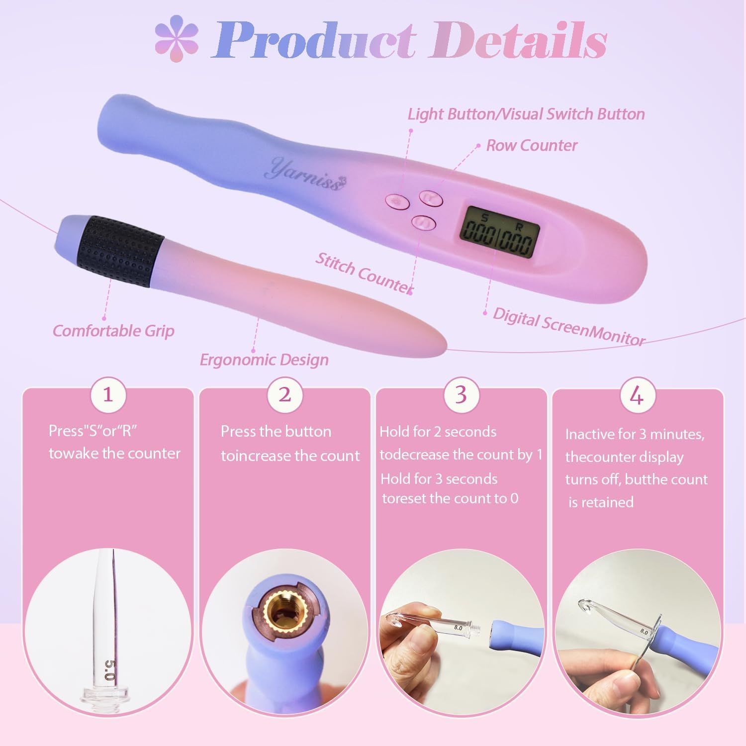 Yarniss Light Up Crochet Hooks with Upgrade Screw Knob Handle,11 Size Lighted Crochet Needle with Counter 2.5~8.0mm,Glow in Dark Crochet Hooks with Gradiant Ergonomic Handle