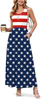 For G and PL Womens 4th of July Maxi Dress American Flag Sleeveless Long Dress with Pockets