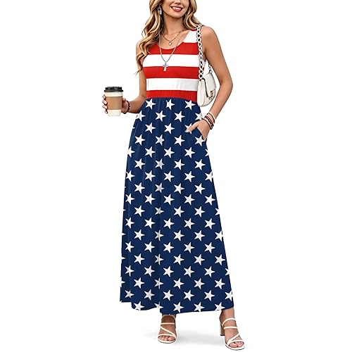 For G and PL Womens 4th of July Maxi Dress American Flag Sleeveless Long Dress with Pockets