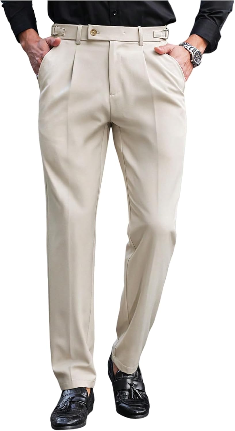 OYOANGLE Men's Business Pleated Dress Pants Casual Solid Straight Leg Mid-Waist Pant with Pocket