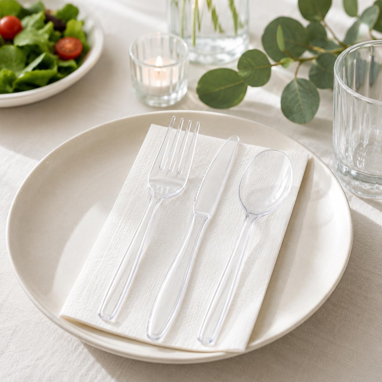 Kit Tris Posate Trasparenti Riutilizzabili con Tovagliolo, Forchetta, Coltello e Cucchiaio con Tovagliolo Monouso, Set Posate per Catering, Eventi, Ristoranti, Feste e Asporto 500 pz