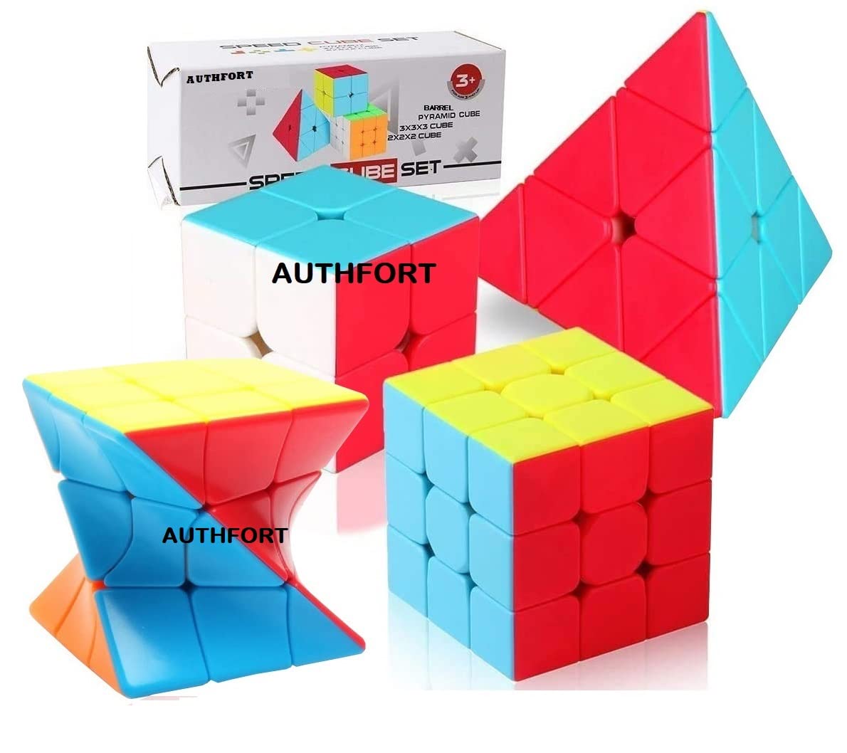 AUTHFORT3 x 3 Twisty Cube 2X2 3x3 and Pyraminx Pyramid Triangle High Speed Stickerless Cube Combo Pack of 4 (4 Pieces)