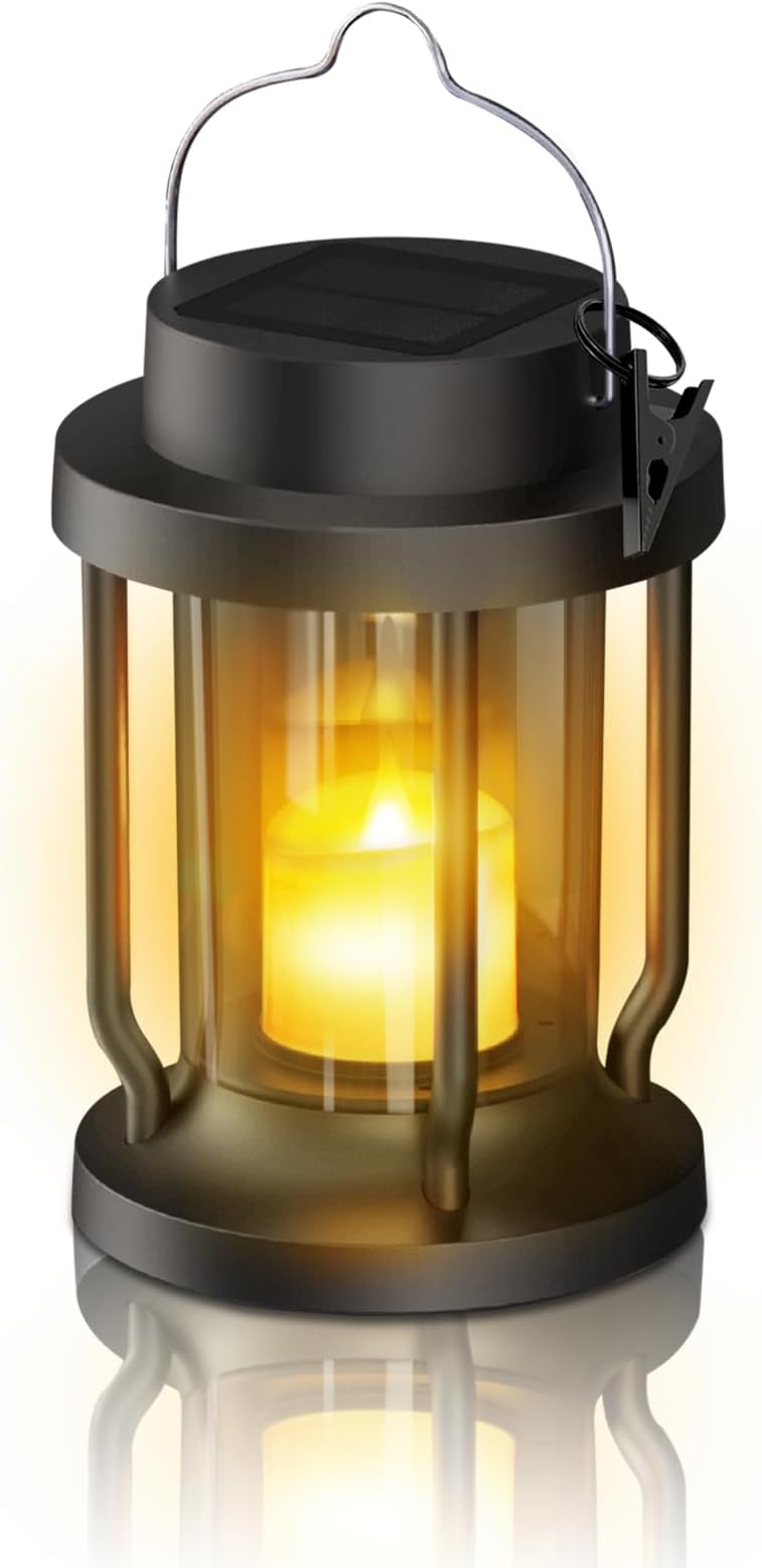Solar Lantern Outdoor & Indoor Use – Hanging Solar Lights with Realistic Flickering Flameless Candle, Weatherproof for Gardens, Patios, Trees, and Lawns (Black, 1 Pack)