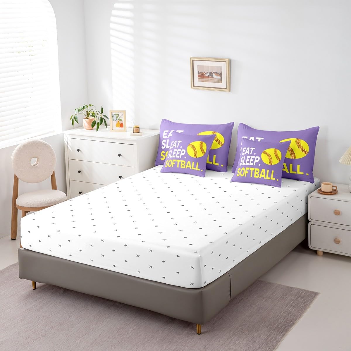 Feelyou Softball Comforter Set with Sheets Twin Size Purple Sports Game 7 Pieces Bedding Set for Kids Boys Girls Teens Softball Gaming Bed in a Bag Softball Lover Bed Set