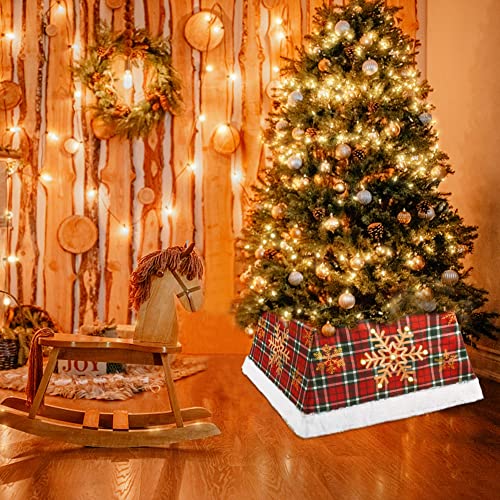 Christmas Tree Box Collar 25 Inch Fabric Square Skirt For Artificial Trees Christmas Holiday Home Decor Xmas Led Lighted Tree Ring For Decorations Red Plaid With Snowflake Stand Cover #TOP2