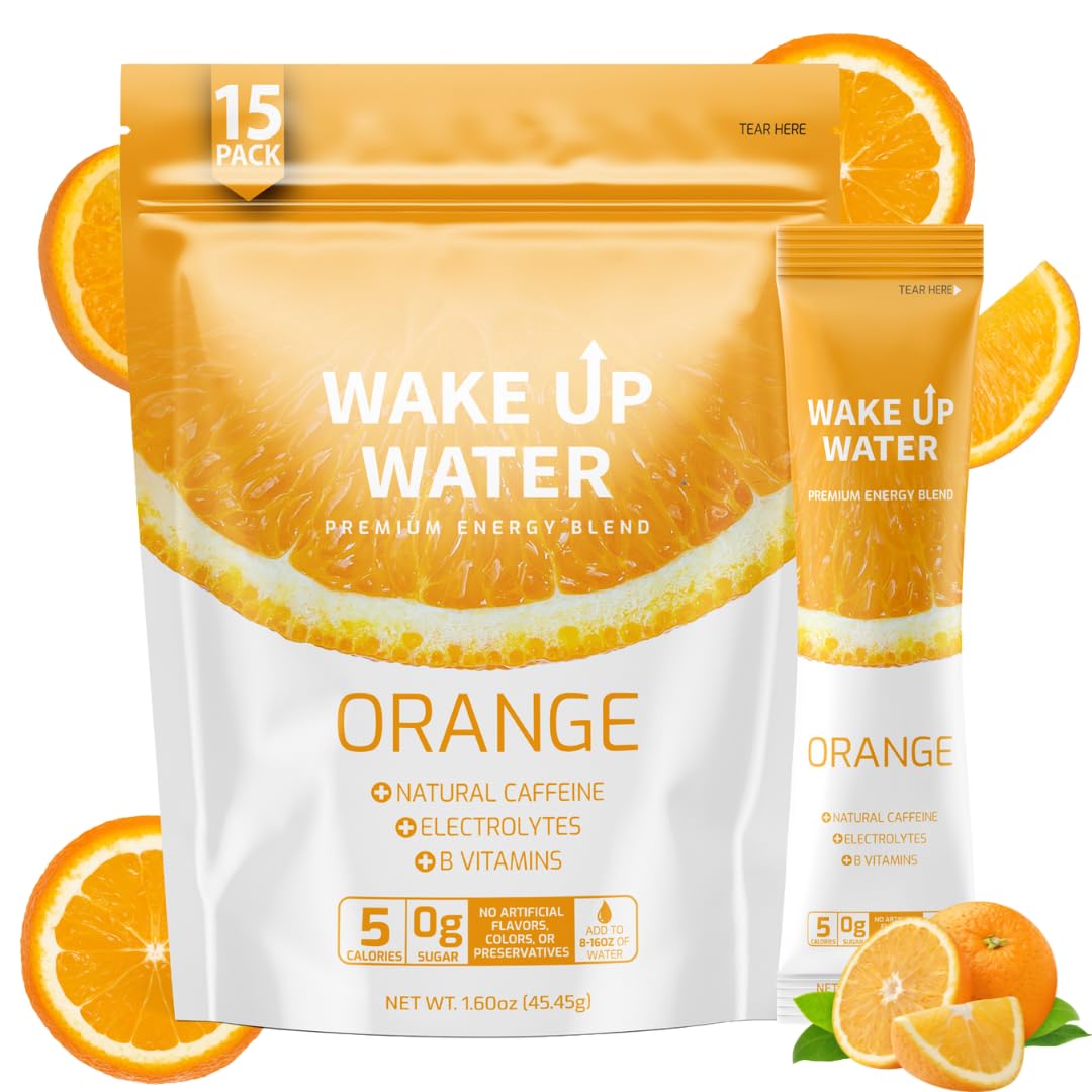 Wake Up Water - Energy + Hydration Sugar Free 15 Packs, Orange Flavor - Energy Drink Powder, Electrolytes Powder Drink, Natural Caffeine Mix Packet, B Vitamins, 5 Calories, Gluten Free - 1.60 oz (45.45g)