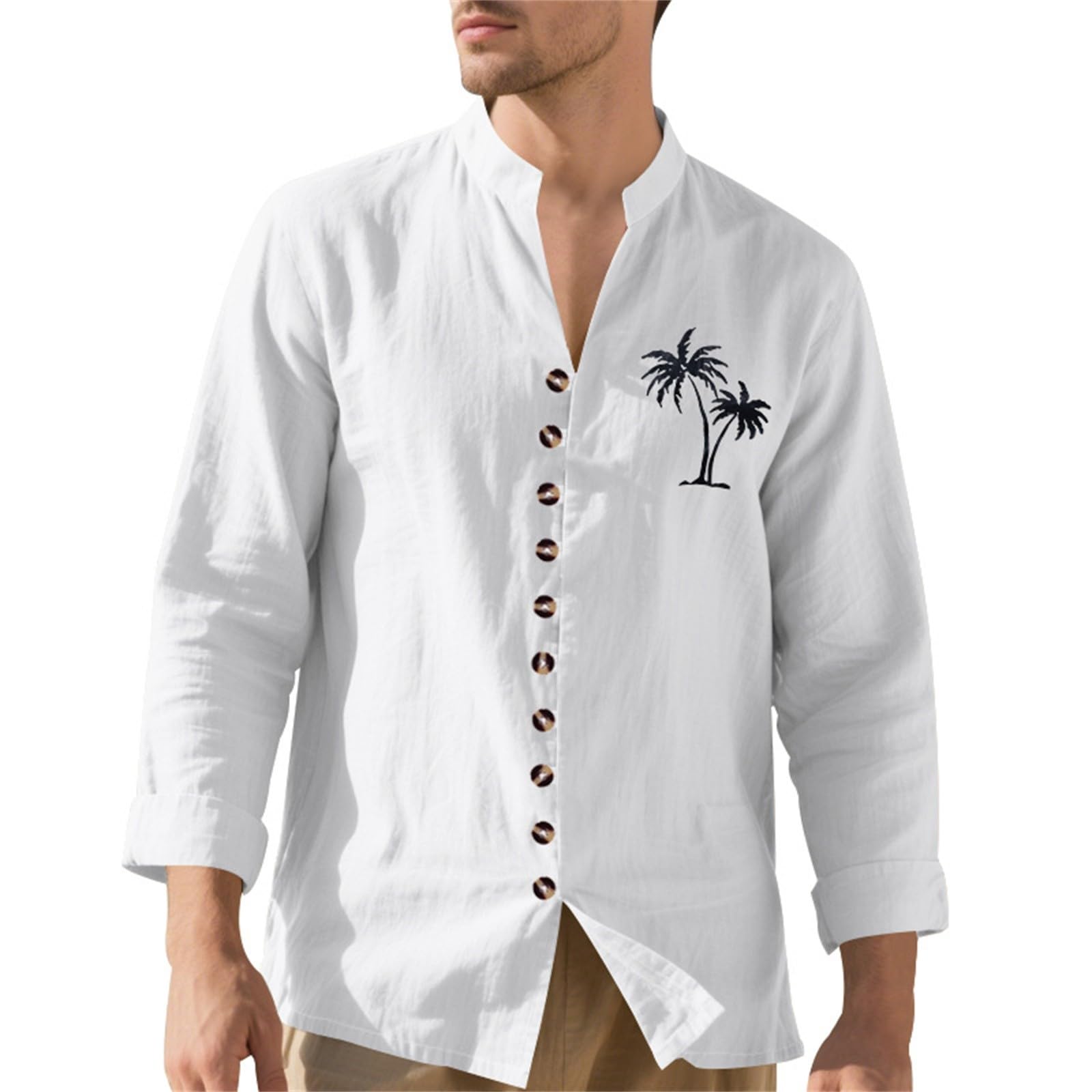 Generico Camicia Uomo Collo Mandarino Maniche Lunghe Stampa Palme Hawaiana, Modello retrò con Bottoni per Look Casual Estivo