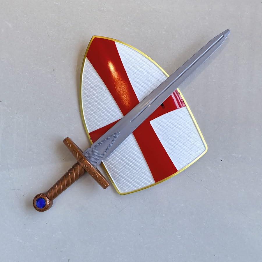 2-Piece Medieval Crusader Shield 12" + Warrior Sword 20" Red Cross Shield Plastic Swords Costume Cosplay Props Halloween