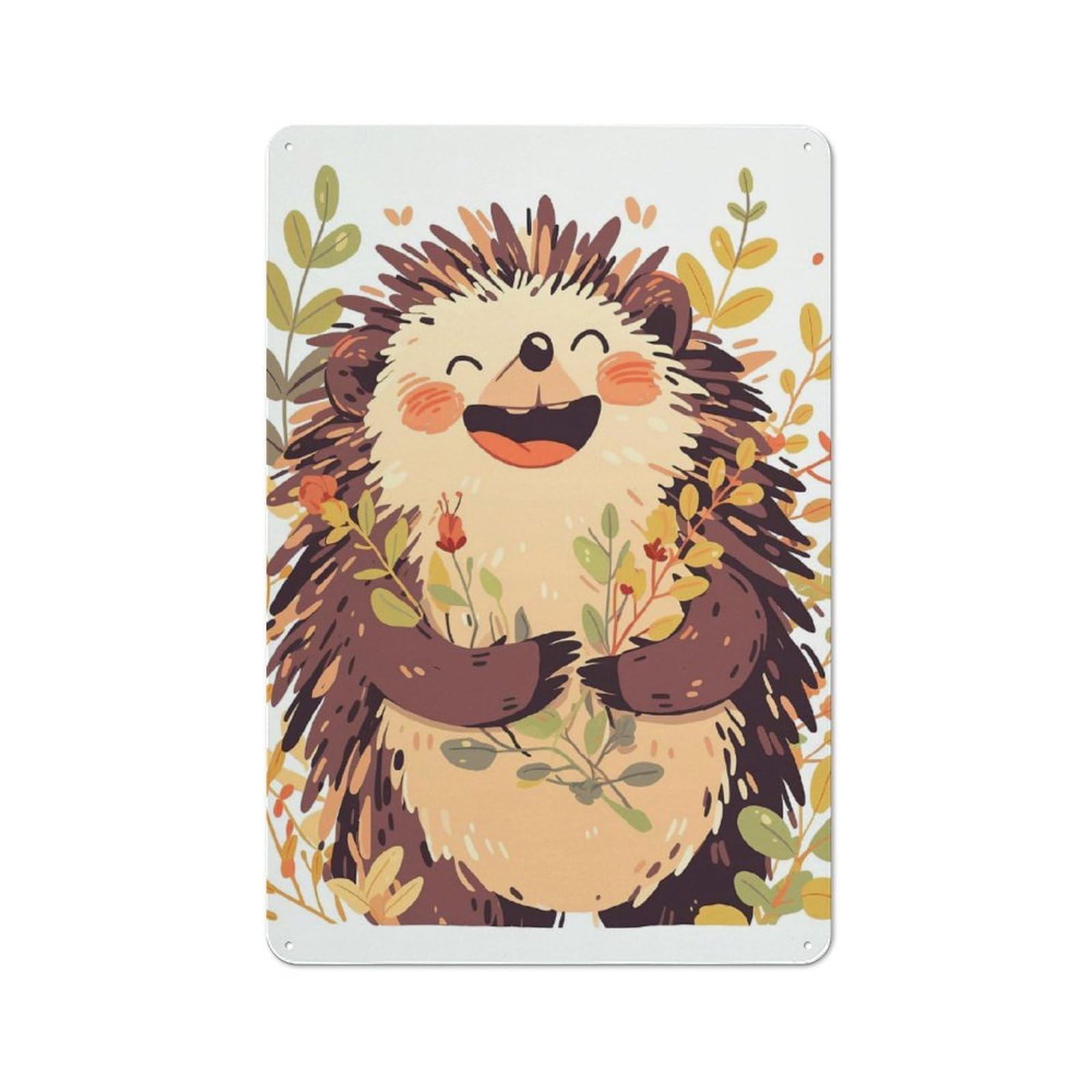 Junmoney Style-2 Retro Metal Wall Sign 30X20cm Featuring Happy Hedgehog With Flowers Illustration For Garage Wall, For Garage, Workshop And Man Cave Decoration