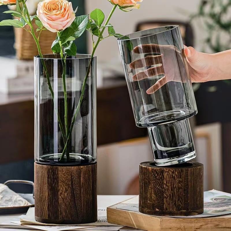 ANTOLE Glass Flower Vases Vase for Flowers Artistic Wood Glass Vase Wooden Base Cylindrical Flower Vase Luxury Flower Centerpiece Vases Modern Glass Vase for Home Decor (Grey-L-12x31cm)