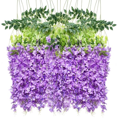 WONICE Artificial Wisteria Hanging Flowers Fake Wisteria Flower Garland Silk Vines Rattan Decor for Home Wedding Arch Wall Garden Greenery Bedroom Outdoor Office Party Decoration (24, Light Purple)