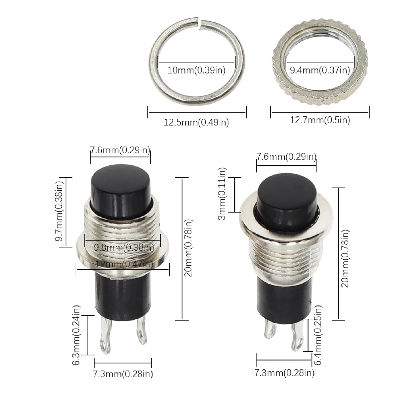 Panel Mount Momentary Push Button Switch, 10mm, Off-(ON), 6-Pack with Upper Screw Thread (DS-316 Blue)