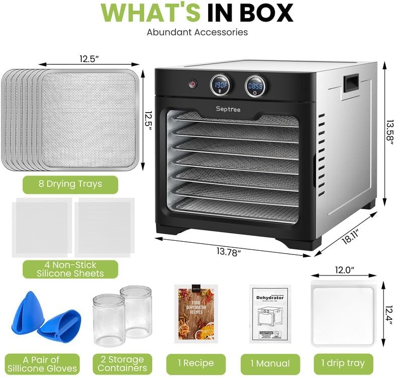 Miniatura 9 de Máquina Deshidratadora de Alimentos Doméstica con 8 Bandejas de Acero Inoxidable Capacidad 10 lb Carnes Temporizador Digital 24 H Control de