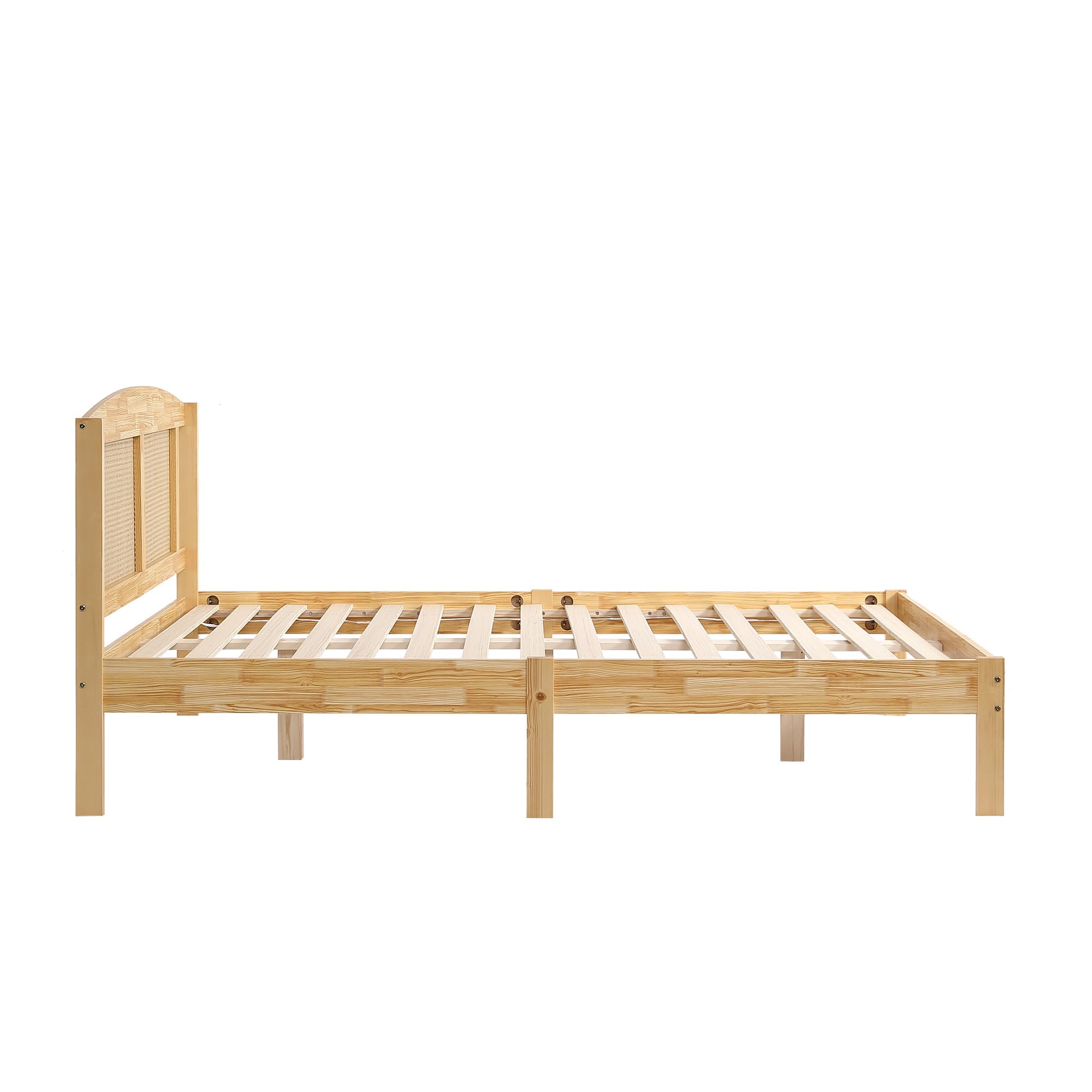 SUKY Letto matrimoniale in rattan, 160 x 200 cm, letto per ragazzi per adulti, cuscino in rattan, con 15 doghe e piedi centrali, pino + rattan sintetico, naturale