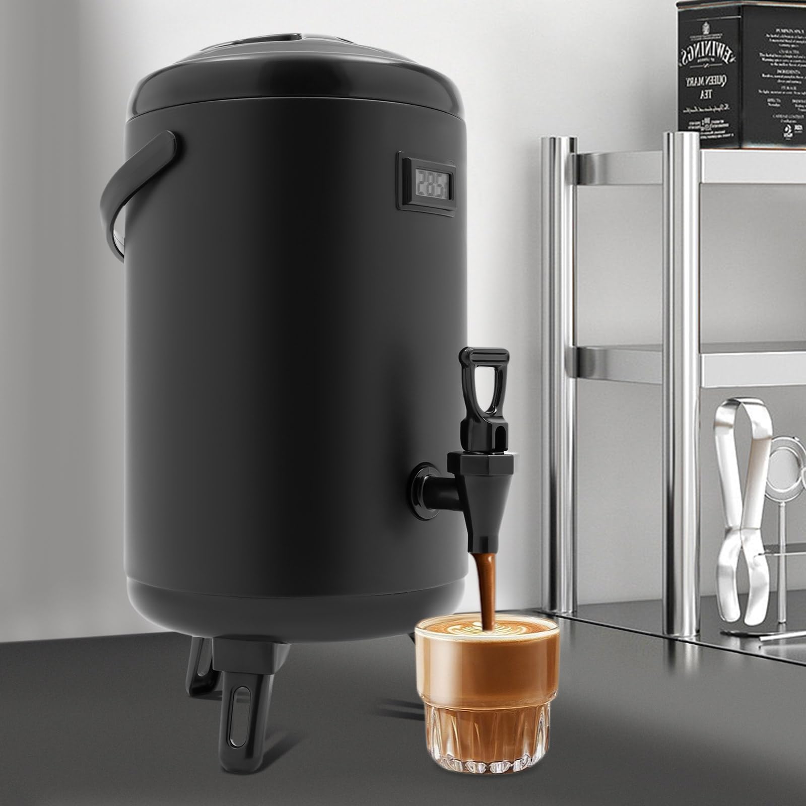 Dispensador de bebidas de 10 l, dispensador de bebidas calientes y frías, acero inoxidable, con pipas y asa para café, agua, leche (negro)