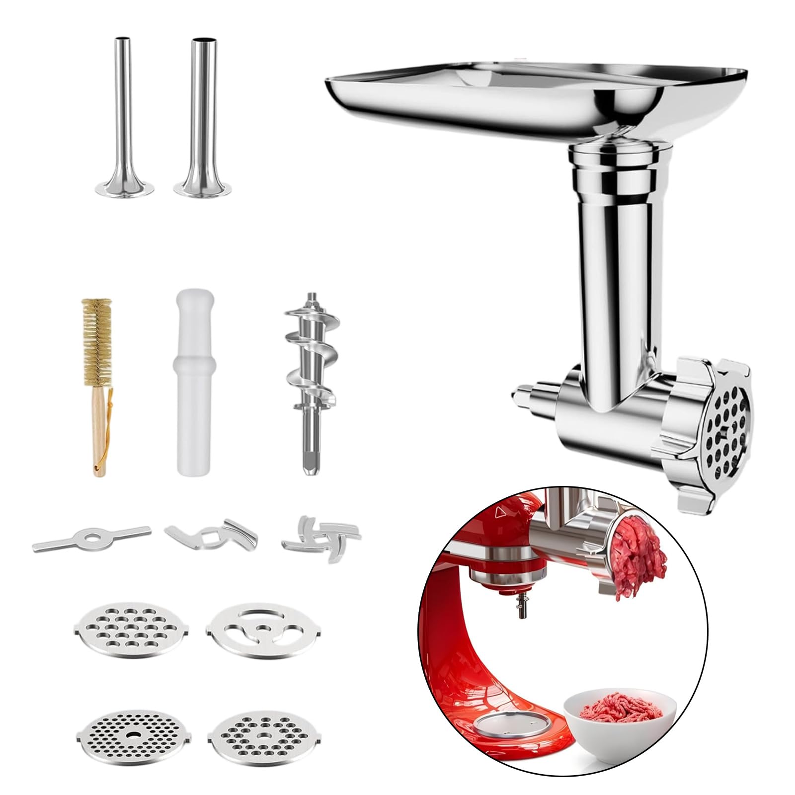 Accessori da cucina per robot da cucina, set accessori per salsiccia e tritatutto in acciaio inox, 21, con piastre macinazione, dischi da taglio e vassoio alimentazione,