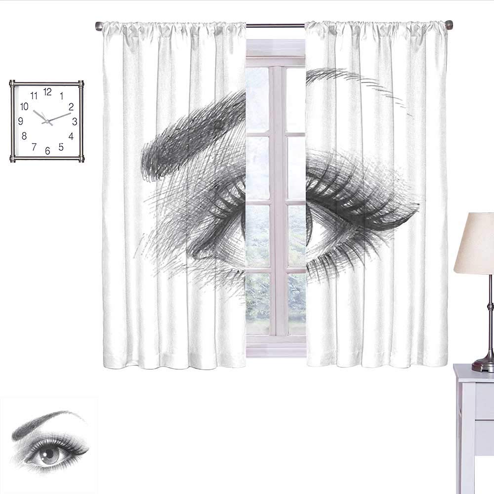 Eye Curtains for bedroo Pencil Drawing Artwork of a Staring Female Eye with Long Lashes and a Curvy Eyebrow soundproof Curtain Grey White W63 x L72