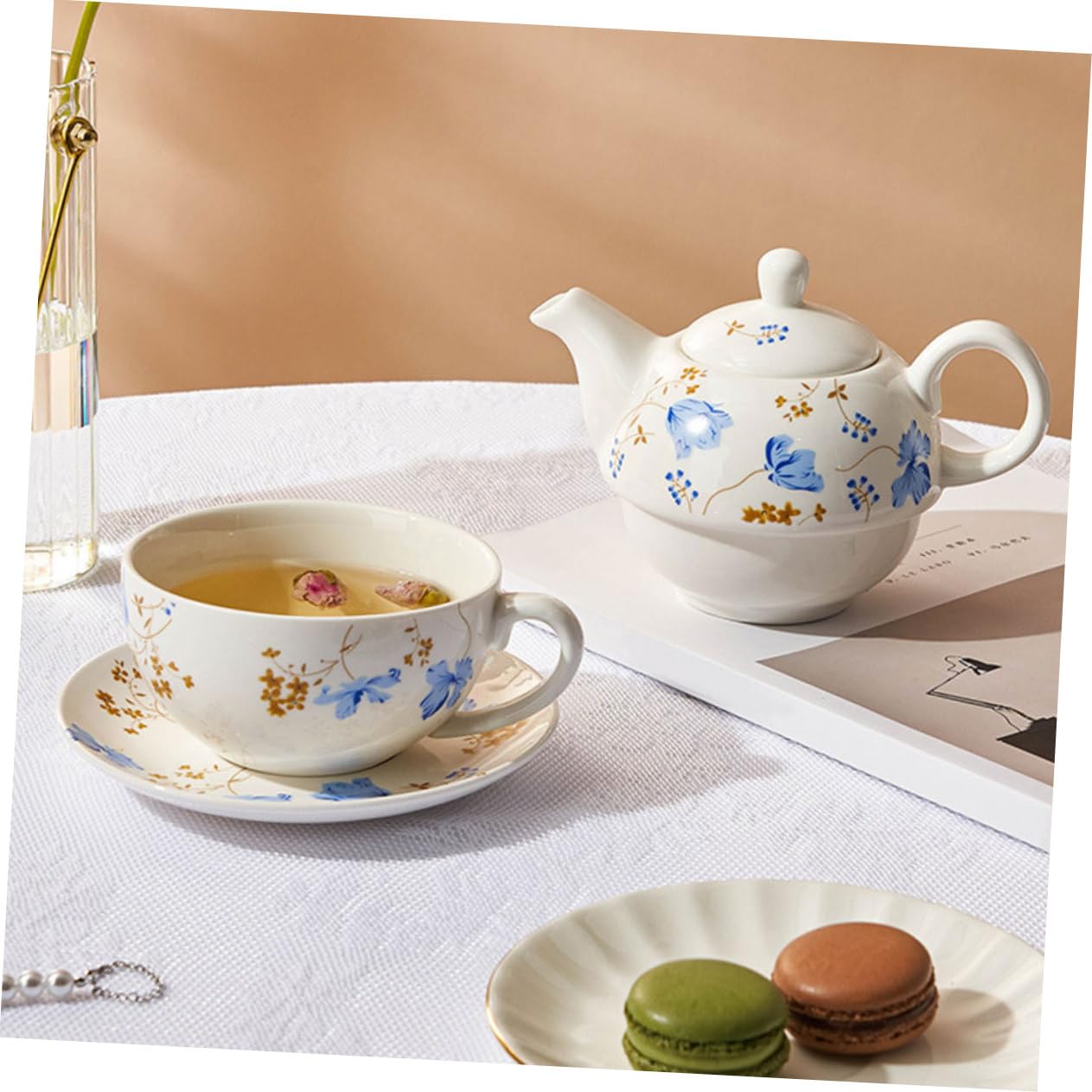 Cabilock Juego de Té de Cerámica con Tetera y Taza, 480ml y 350ml, para Hojas Sueltas o Infusión de Frutas en Viajes y Reuniones