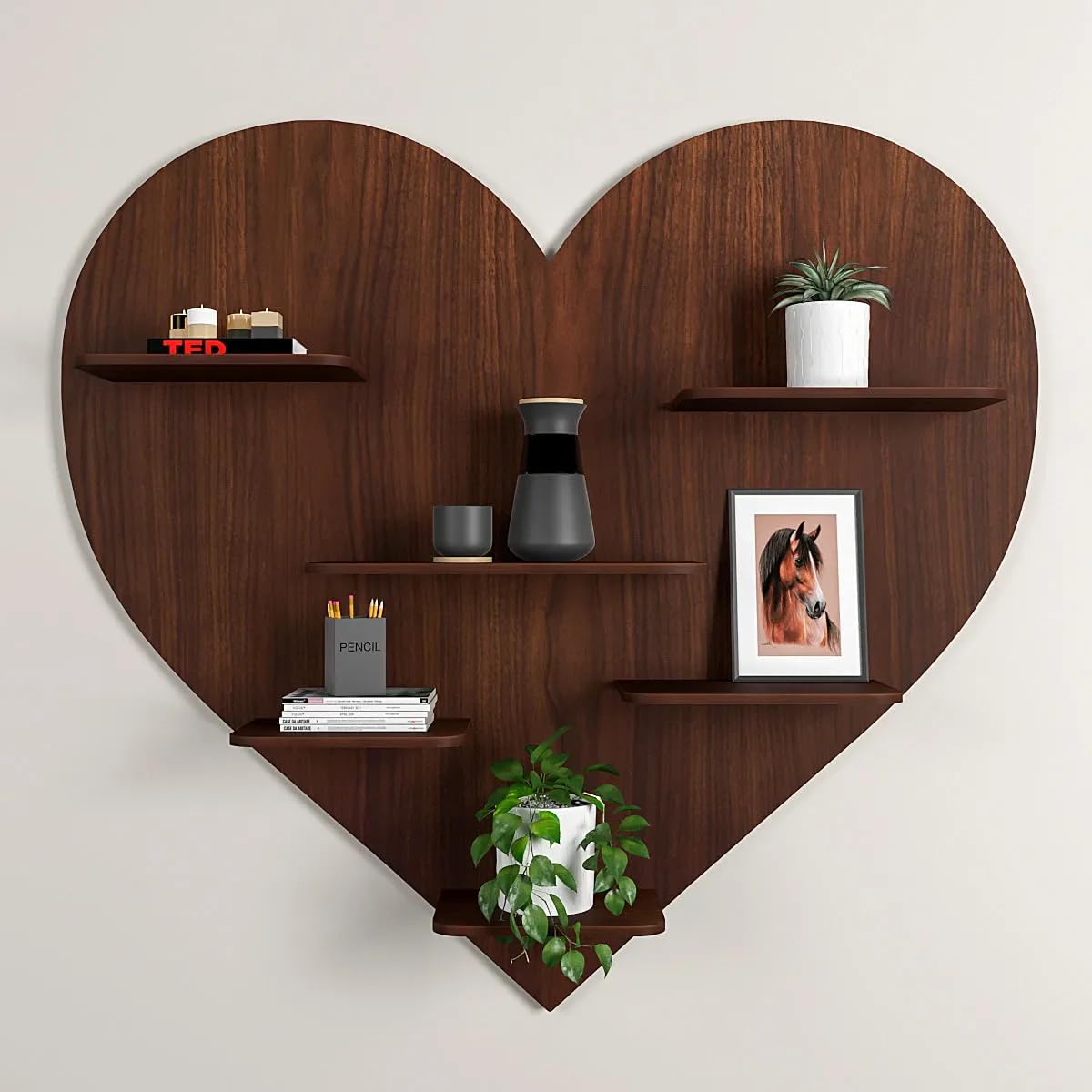 DECORSMANTRA Heart Shaped Wooden Wall Shelf, Walnut Brown Finish
