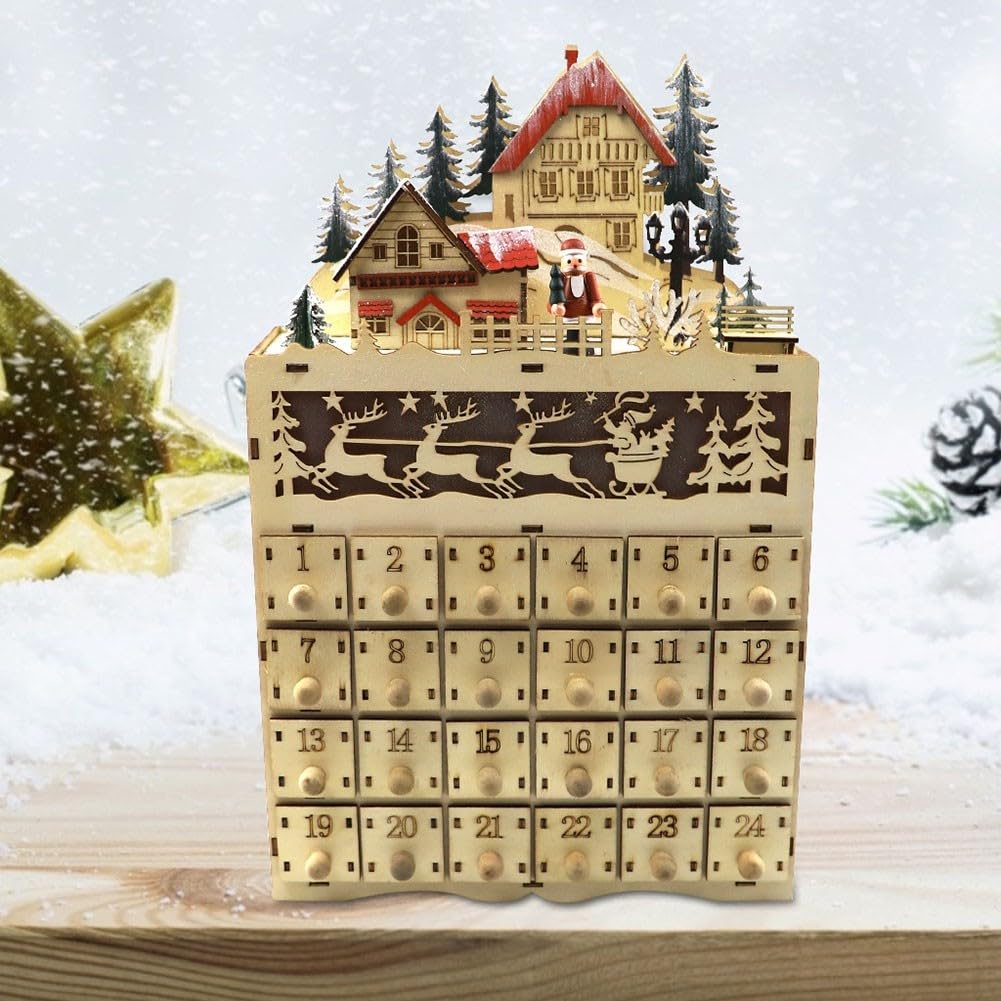 Calendario de Adviento de Navidad de 24 cajones, con luces LED, decoración tradicional de madera, para niños, decoración navideña