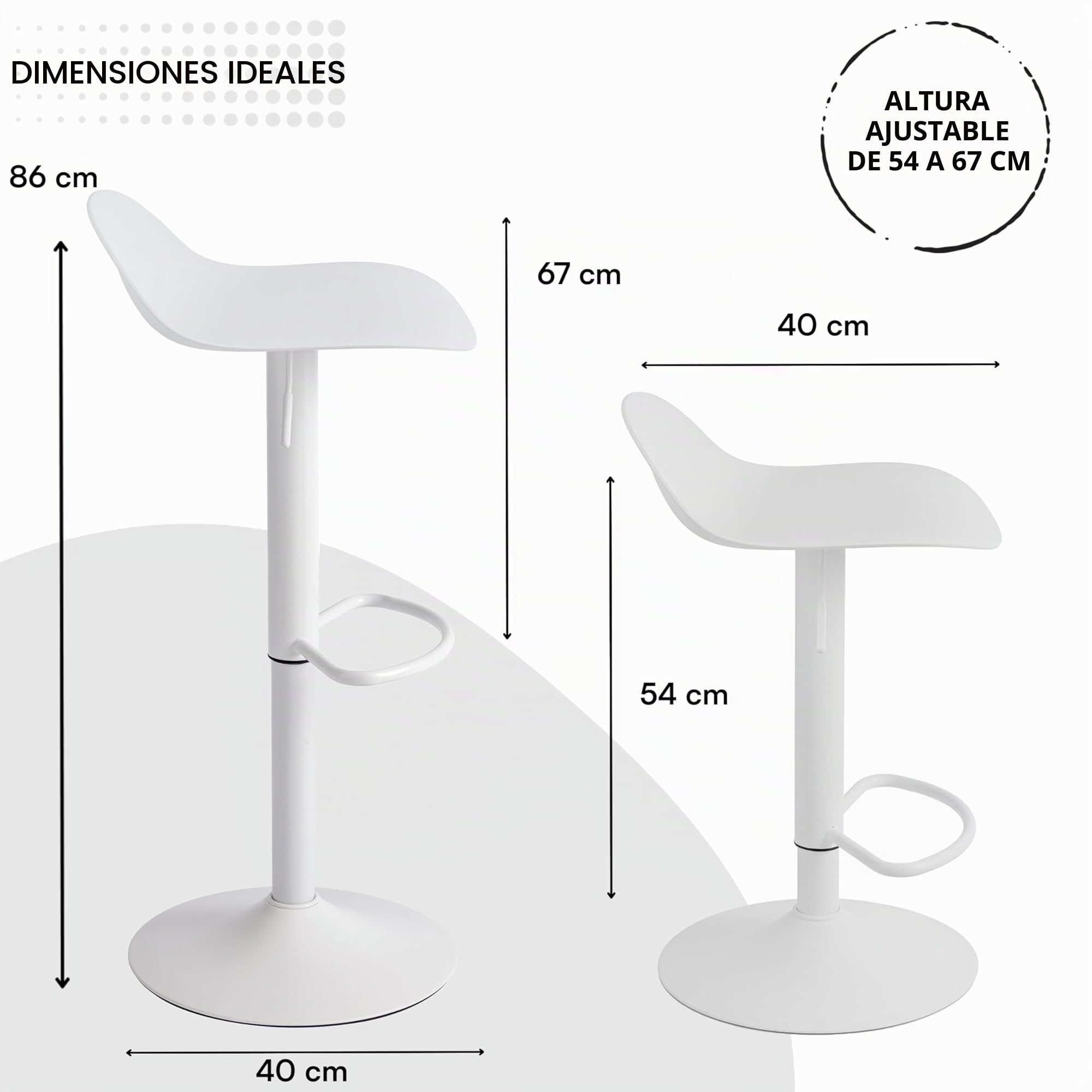 Baroni Home Juego de 2 Taburete de Bar Giratorio con Altura Ajustable, Fondo antiarañazos y reposapiés, para Cocina, Restaurante y Bar, Ligero y fácil Montaje, 41x40x64-86 cm, 2 Unidades, Blanco