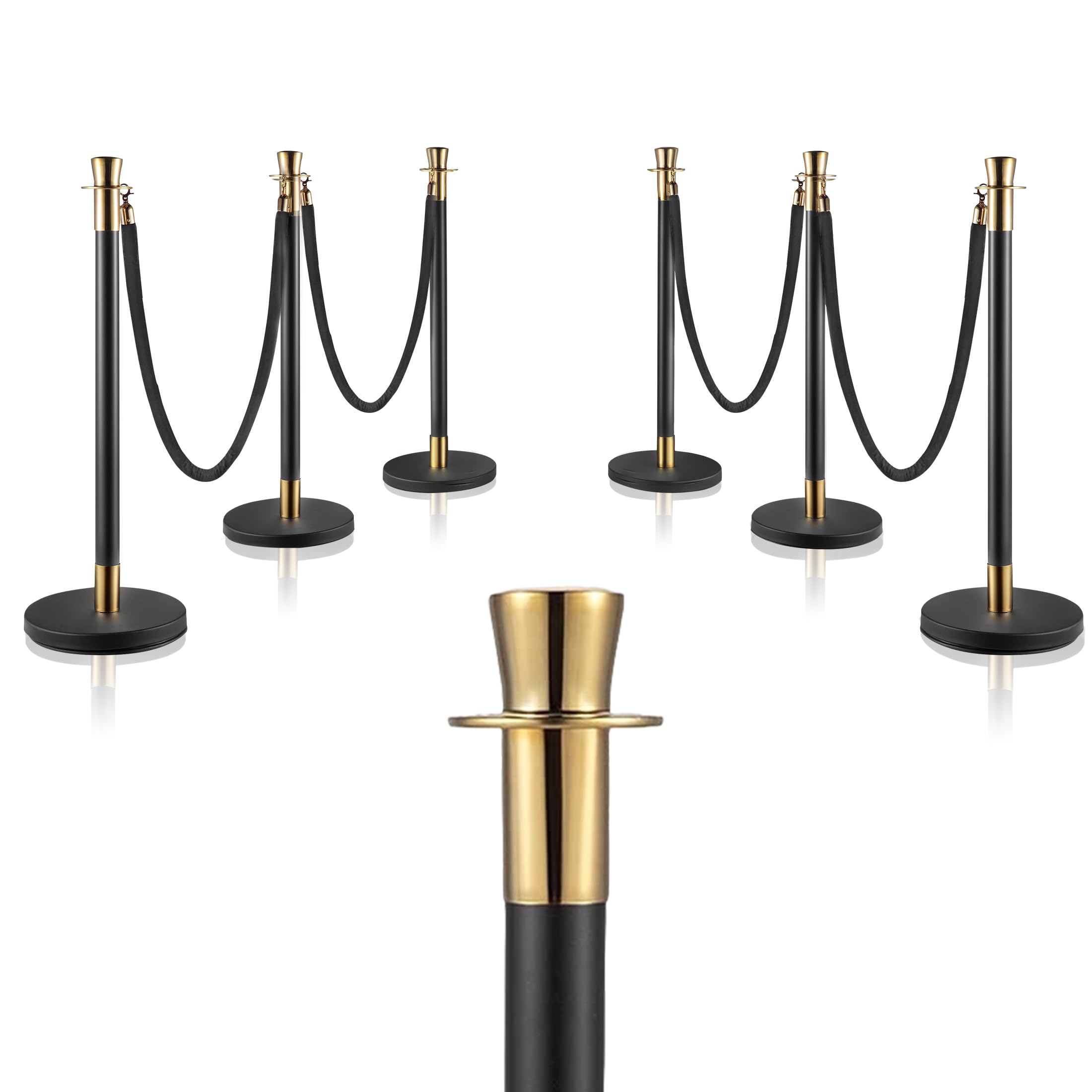 6 Packs Black Gold Stanchions with 4 Black Velvet Ropes, Crowd Control Barriers with Sand Weighted Bases, Stainless Steel Posts for Wedding, Party,