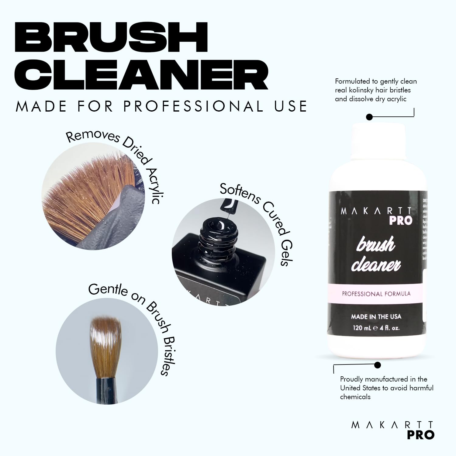 MakarttPro Professional Acrylic Brush Cleaner & Conditioner for Acrylic Kolinsky Brushes and Brushes for Nail Technicians 4oz/118 ML