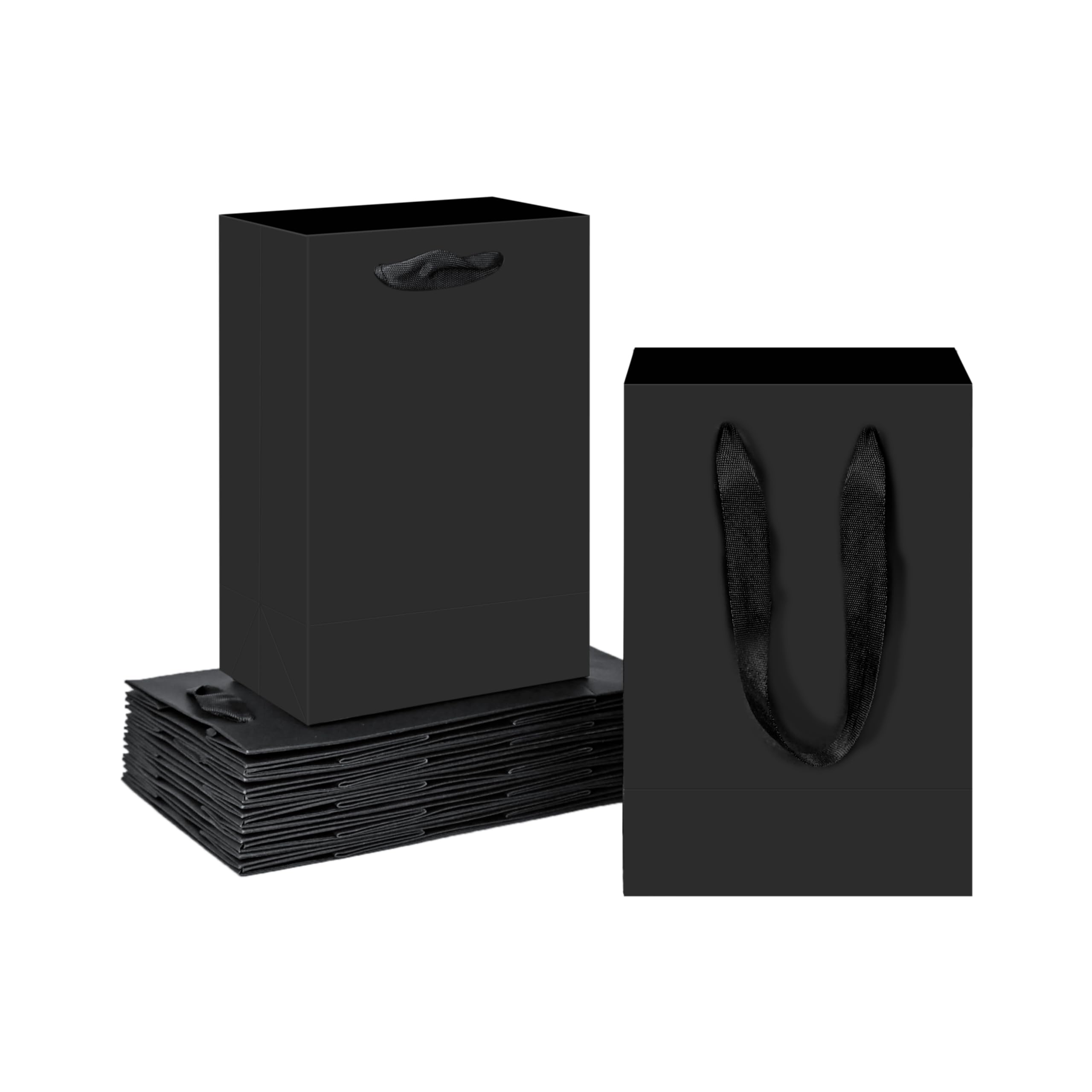HUAPRINT Schwarze Geschenktüten, 12 Stück – 26,9x21x7,8 Cm, Mit Weißen Schleifengriffen, Stabil & Stehend