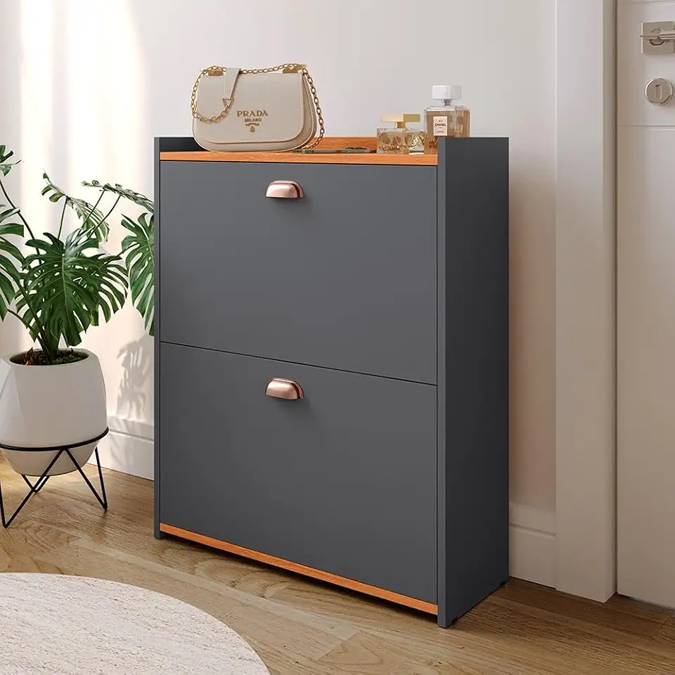 Sapateira Vertical Estreita Porta Entrada 2 Gavetas Basculante Organizador Calçados Quarto Hall - Cinza/Cinamomo