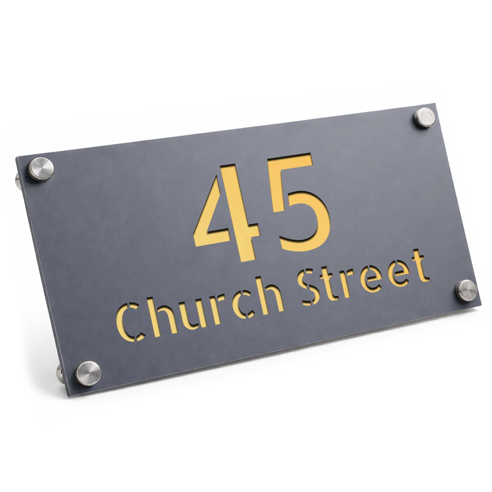 Red Ocean Personalised Address Sign For Outside Grey With Silver House Number Plaque Address Sign For Wall Sign For Home (Grey With Gold Back)