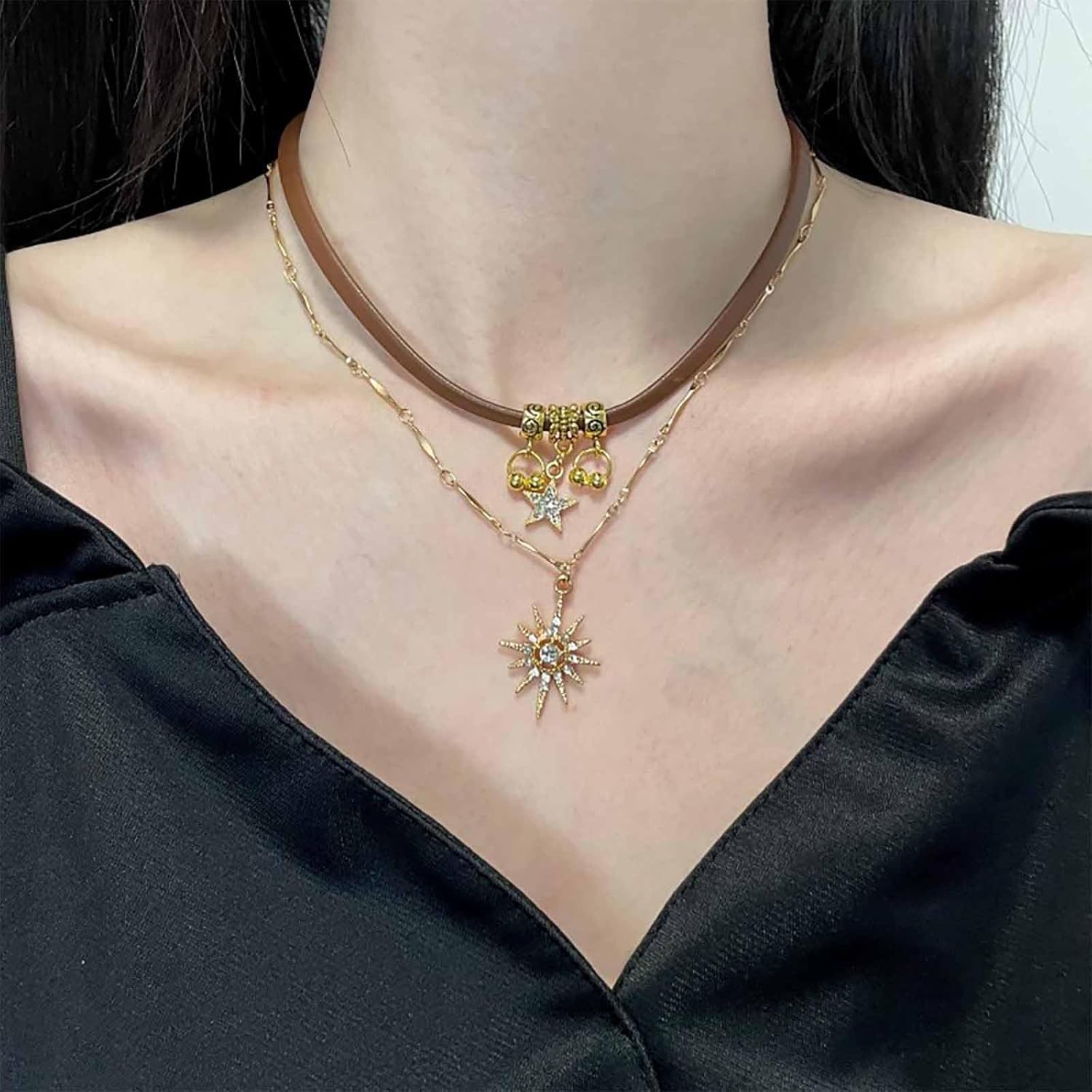 Vintage Layered North Star Necklace Gold Crystal Sunburst Pendent Necklaces Star Leather Necklaces Cz Starburst Necklace Rhinestone Sun Choker Jewelry for Women - Image 5
