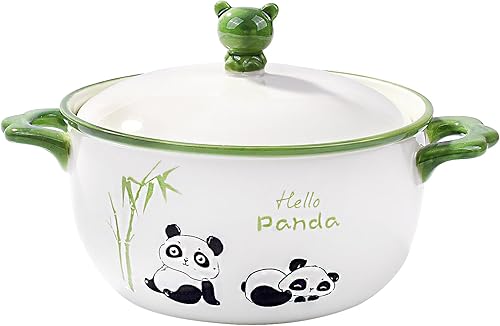 Cuenco de cerámica de estilo japonés de 6 pulgadas con tapa, bonito diseño de panda y bambú, apto para microondas y lavavajillas, para sopa, fideos,