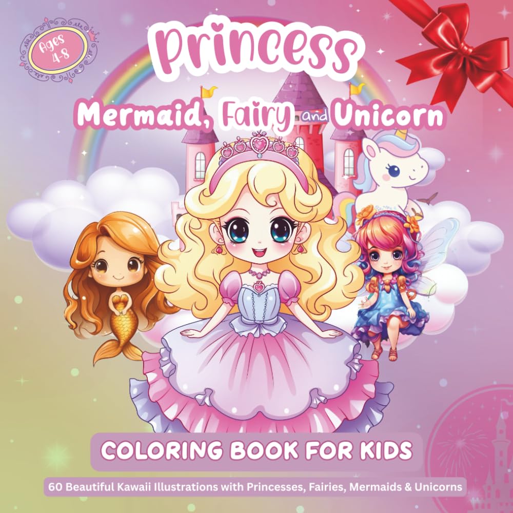 Princess, Mermaid, Fairy and Unicorn Coloring Book For Kids | Ages 4-8: 60 Beautiful Kawaii Illustrations With Princesses, Fairies, Mermaids & Unicorns (Coloring and Activity Book For Kids & Adults)